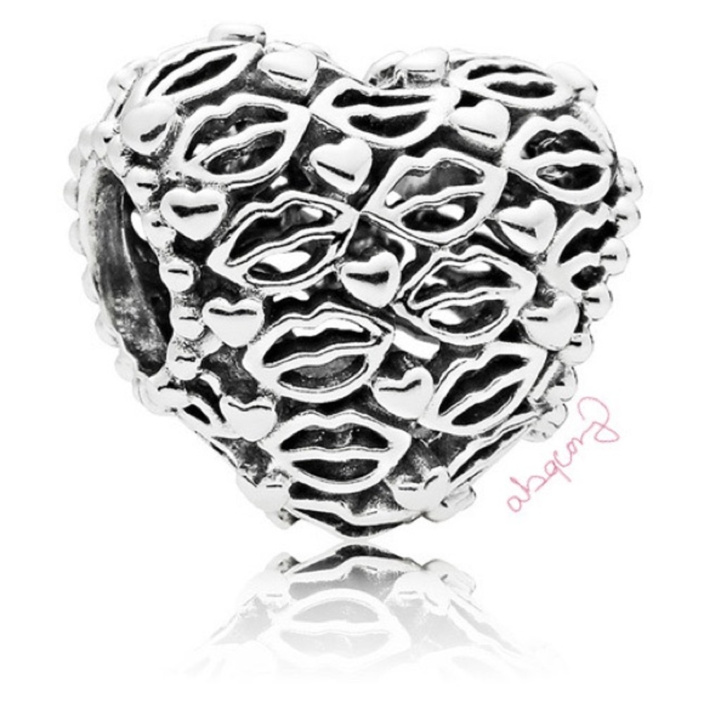 EUC Pandora 796564 Sterling Silver Love & Kisses Heart Charm w/ Lips & Hearts